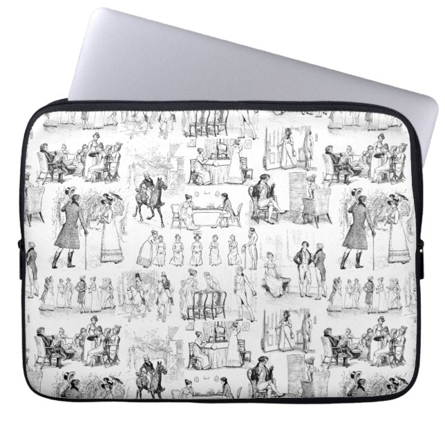 Pride and Prejudice Toile de Jouy Black and White Laptop Sleeve (Front)