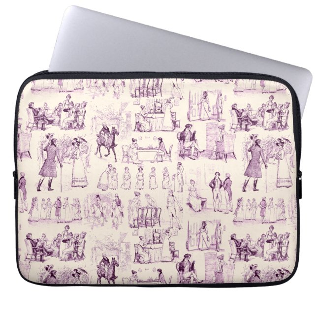 Pride and Prejudice Toile de Jouy Plum and Apricot Laptop Sleeve (Front)