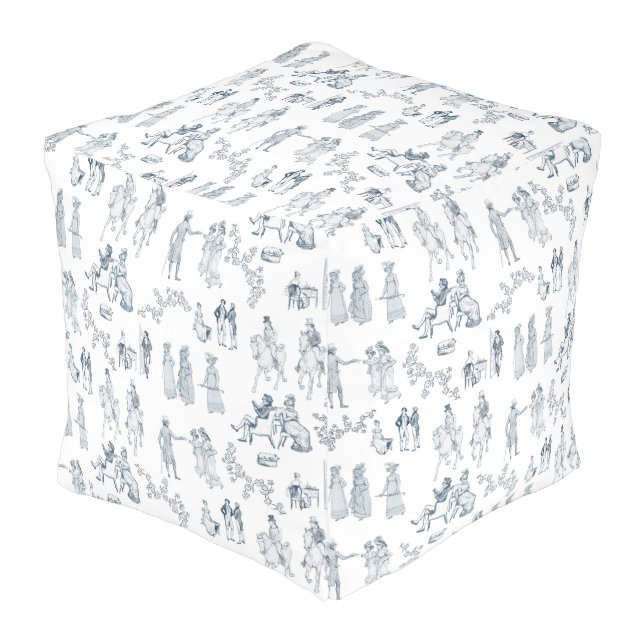Pride and Prejudice Toile de Jouy Pouf (Angled Front)