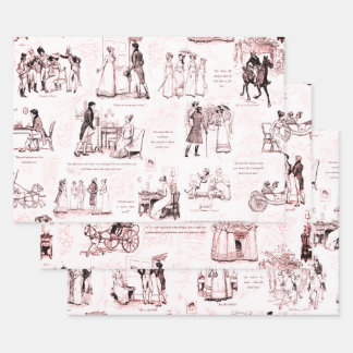Pride and Prejudice Wine Red Pink Toile Quotes Wrapping Paper Sheets