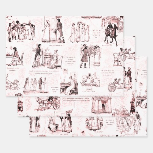 Pride and Prejudice Wine Red Pink Toile Quotes Wrapping Paper Sheets