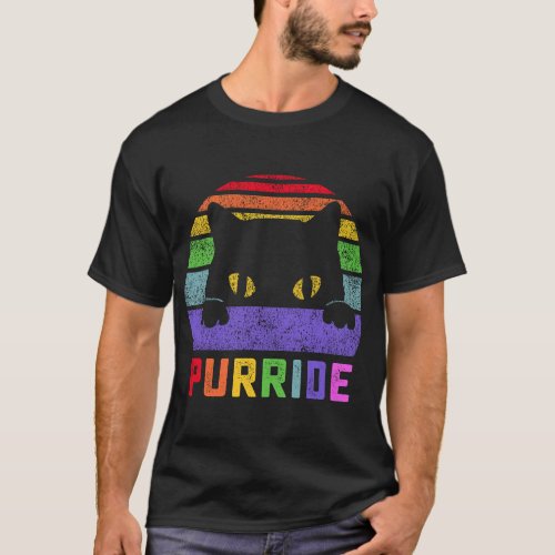 Pride Cat Purride Gay LGBTQ Rainbow Flag Retro Sty T_Shirt