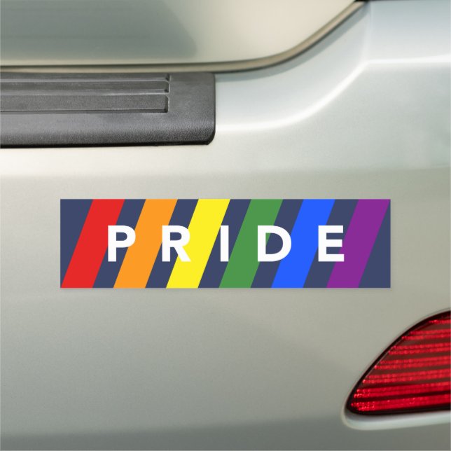 PRIDE Diagonal Rainbow Stripes on Navy Blue Car Magnet (In Situ)