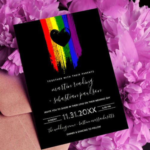 Pride Flag Black Heart Parents Co_Hosting Wedding  Invitation