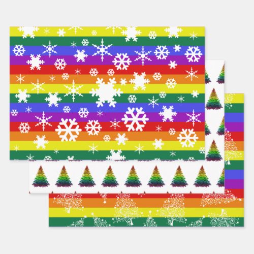 Pride Flag Christmas Tree Snowflake Pattern Wrapping Paper Sheets