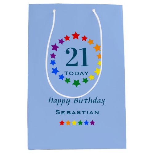 Pride Flag Stars 21 Today or Any Age Blue Birthday Medium Gift Bag