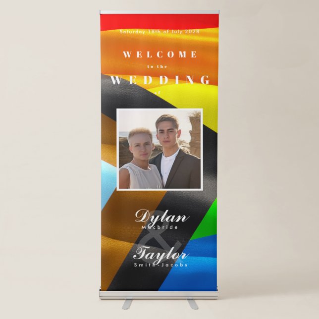 Pride Flag Typography Wedding Photo Welcome Retractable Banner (Front)