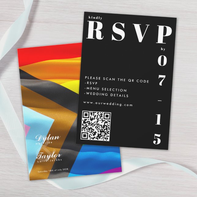 Pride Flag Typography Wedding RSVP QR Code Card (Creator Uploaded)