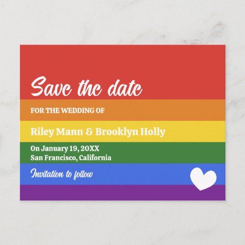 Pride Flag White Heart LGBT Wedding Save the Date Announcement Postcard
