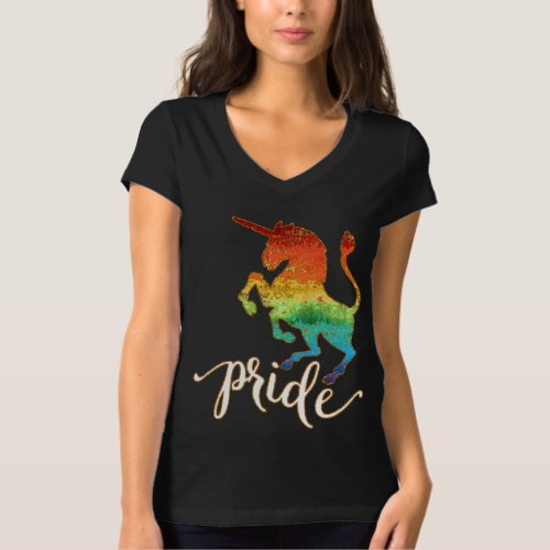 Pride Glitter Rainbow Unicorn Script Typography T_Shirt