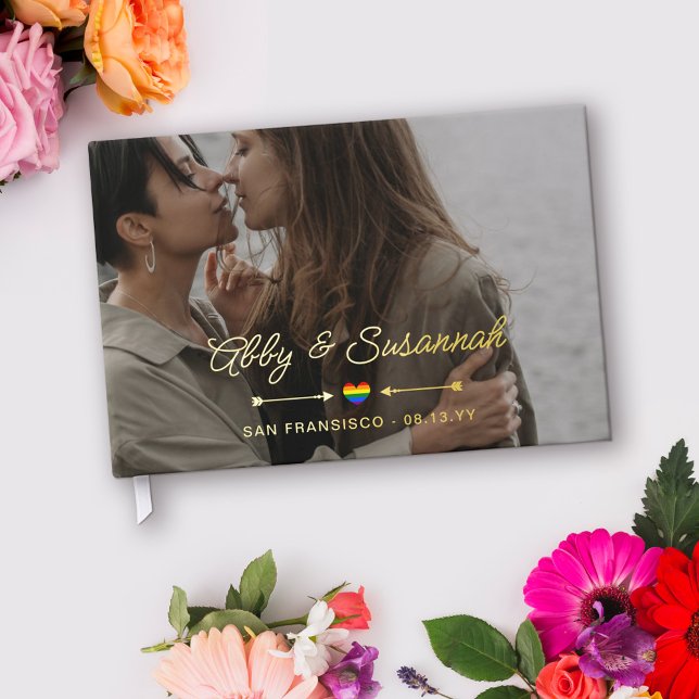 Pride Heart Gold Arrows Photo LGBTQ Wedding Foil Guest Book (Creator Uploaded)