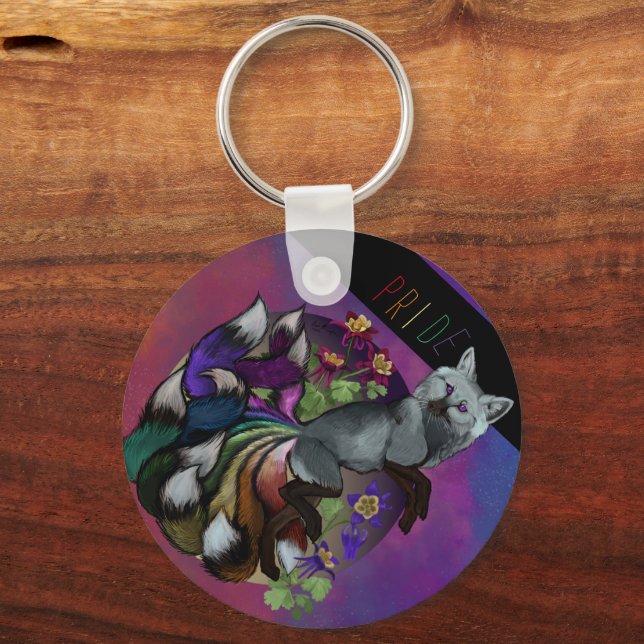 Pride Kitsune and Columbine Flowers Keychain (Front)