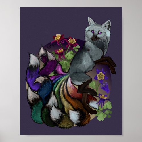 Pride Kitsune and Columbine Flowers Poster