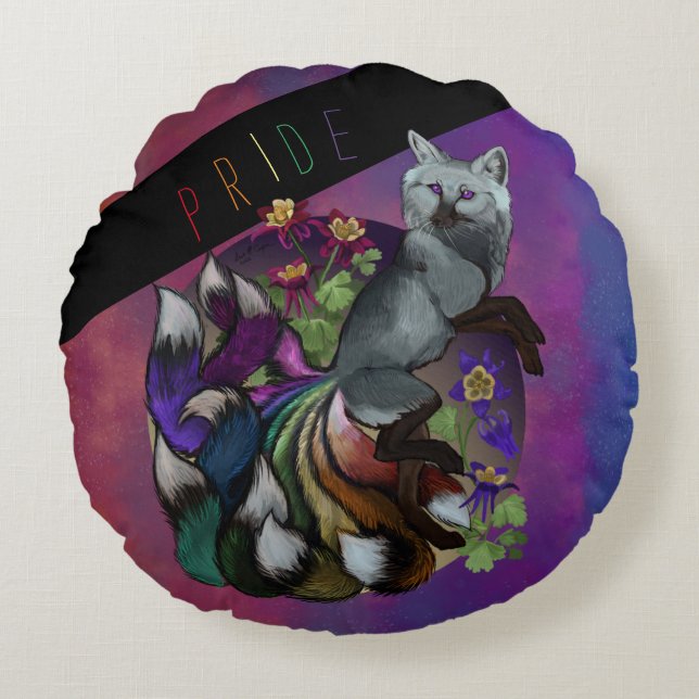 Pride Kitsune and Columbine Flowers  Round Pillow (Front)