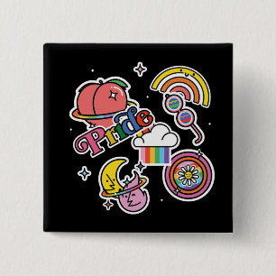 Pride+LGBTQ. Love pride. Rainbow heart with flower Button