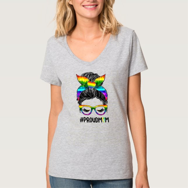 Pride LGBTQ Proud Mom Messy Bun Rainbow LGBT Mom T-Shirt (Front)