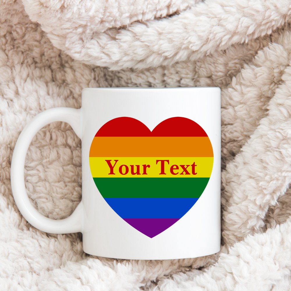 Discover Pride LGBTQ Rainbow Heart Flag Custom Text Coffee Mug