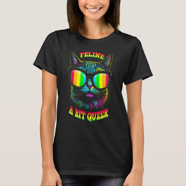Pride Month Feline Queer Cat Gay LGBTQ Rainbow Fla T-Shirt (Front)