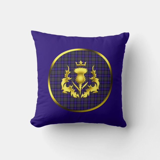 Pride of Scotland Tartan w/Golden Thistle Blue Throw Pillow (Front)