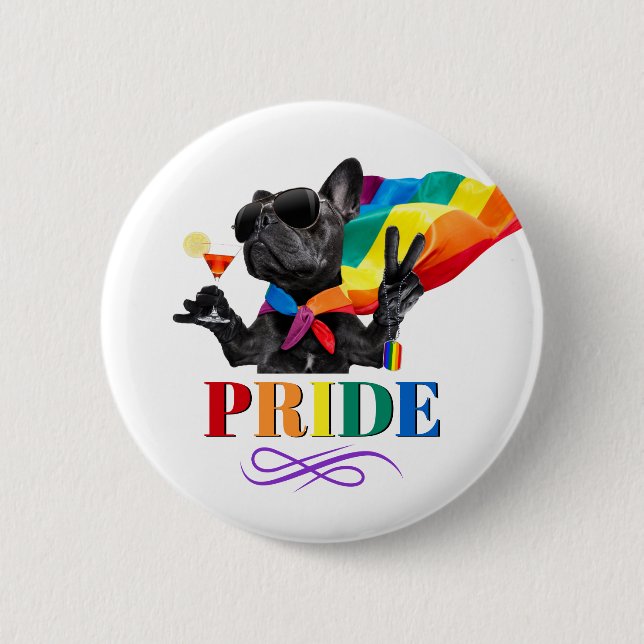 Pride Party Dog in Rainbow Cape Button (Front)