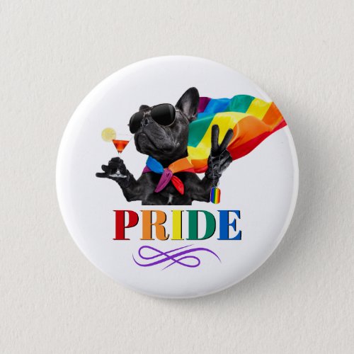 Pride Party Dog in Rainbow Cape Button