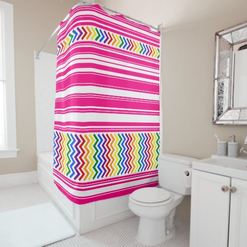 Pride Pattern on Bright Pink and White Stripe Shower Curtain