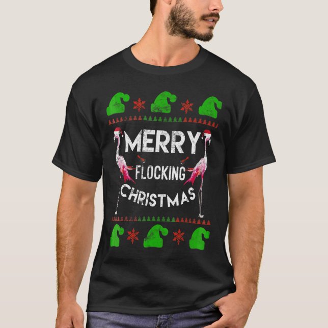 Pride Pink Flamingo Merry Flocking Christmas T-Shirt (Front)