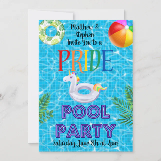 Pride pool party invitation with a blue pool tile background, colorful text and an inflatable ring, a beach ball and inflatable unicorn motif. 