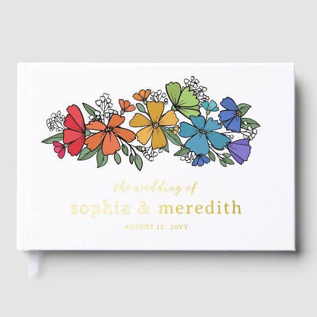 Pride Rainbow Flowers Gold LGBTQ Wedding Foil Guest Book (Front)