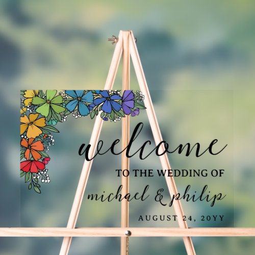 Pride Rainbow Flowers LGBT Wedding Welcome Acrylic Sign