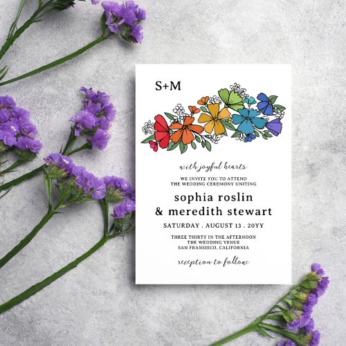 Pride Rainbow Flowers Monogram LGBT Wedding Invitation