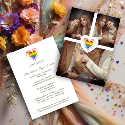 Pride Rainbow Heart Lesbian Gay Wedding 3 Photos Invitation