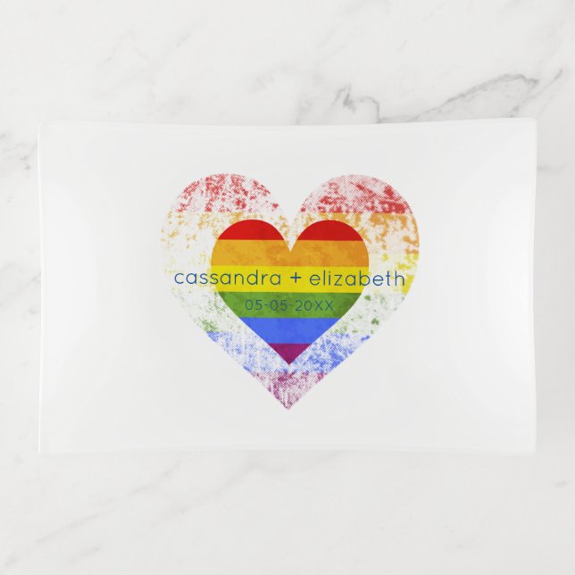 Pride Rainbow Heart Lesbian Gay Wedding Ring Dish (Front)