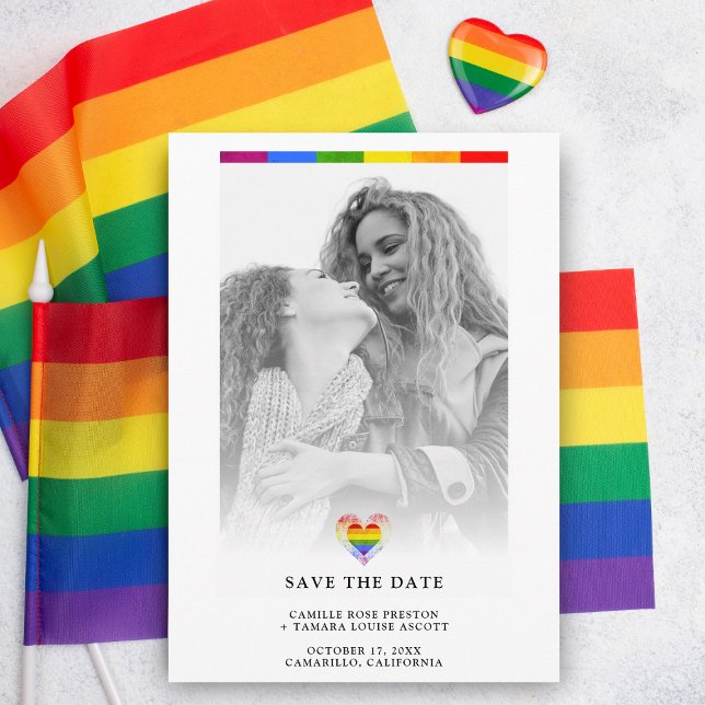 Pride Rainbow Heart Lesbian Wedding Simple Photo Save The Date (Creator Uploaded)
