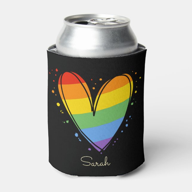 Pride Rainbow LGBTQ Heart Wedding Can Cooler (Can Front)