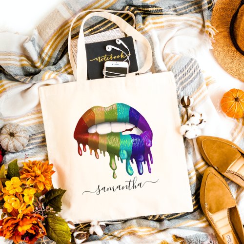 Pride Rainbow Lips Custom Monogram name Tote Bag
