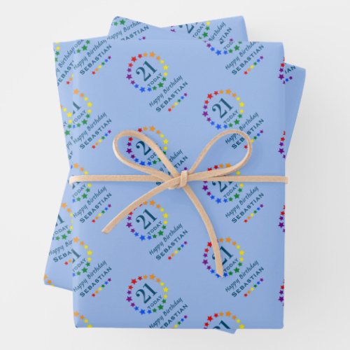 Pride Rainbow Stars Any Age Birthday and Name Blue Wrapping Paper Sheets