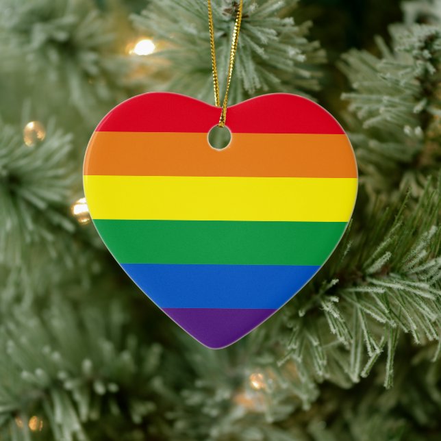 Pride rainbow stripes gay flag heart Christmas Ceramic Ornament (Tree)