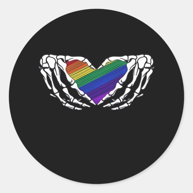 Pride Skeleton Hands Holding Heart Inclusive Classic Round Sticker (Front)