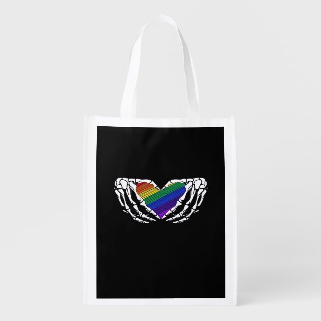 Pride Skeleton Hands Holding Heart Inclusive Grocery Bag (Front)