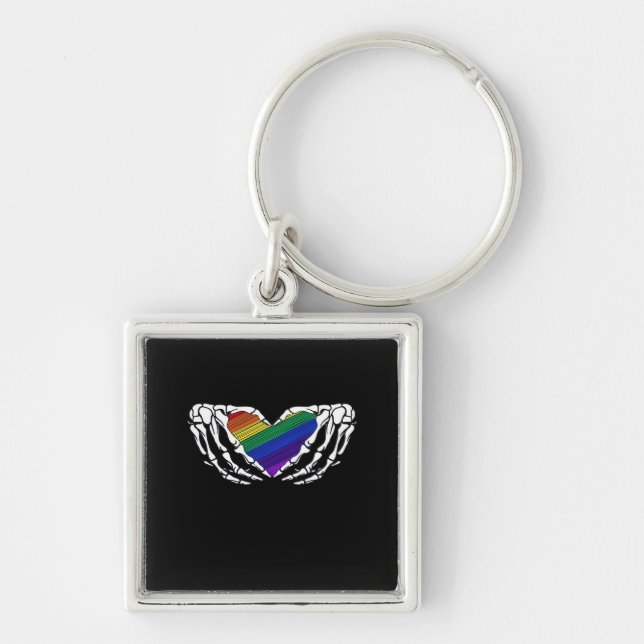 Pride Skeleton Hands Holding Heart Inclusive Keychain (Front)