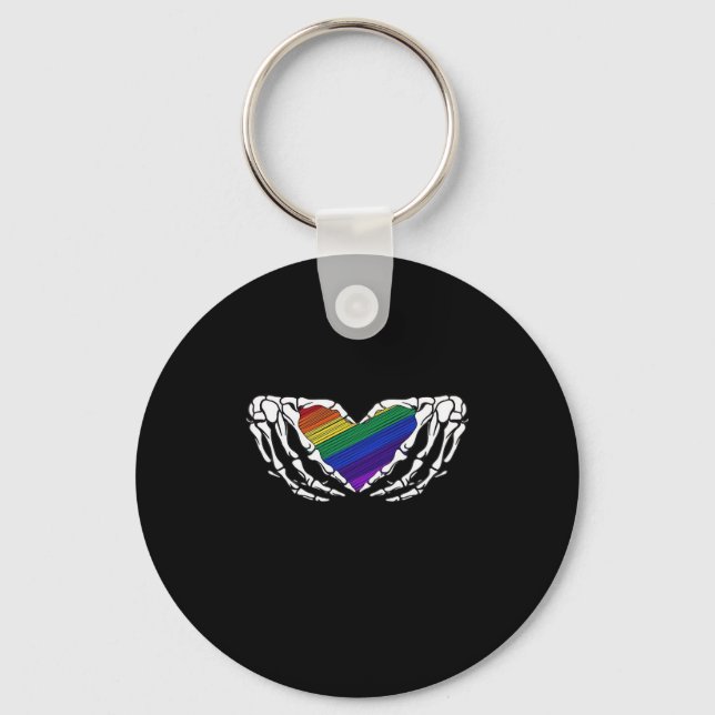 Pride Skeleton Hands Holding Heart Inclusive Keychain (Front)