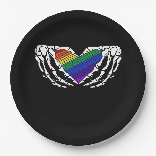 Pride Skeleton Hands Holding Heart Inclusive Paper Plates (Front)