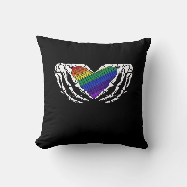 Pride Skeleton Hands Holding Heart Inclusive Throw Pillow (Front)