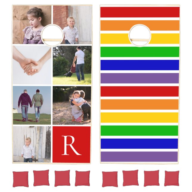 Pride stripes gay lesbian family photos, monogram  cornhole set (Set)