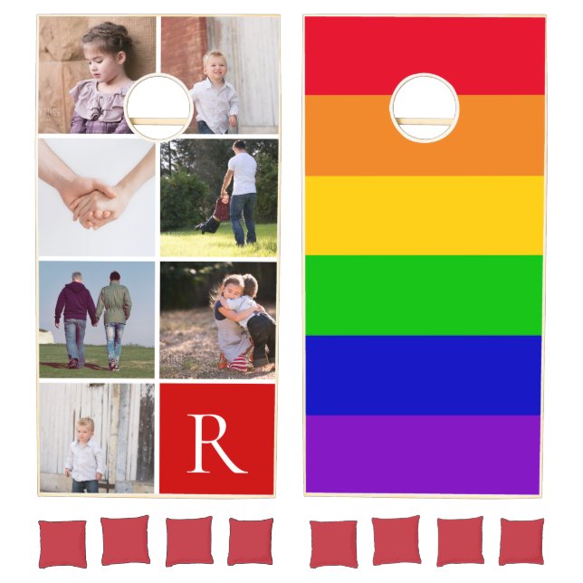 Pride stripes gay lesbian family photos, monogram cornhole set (Set)