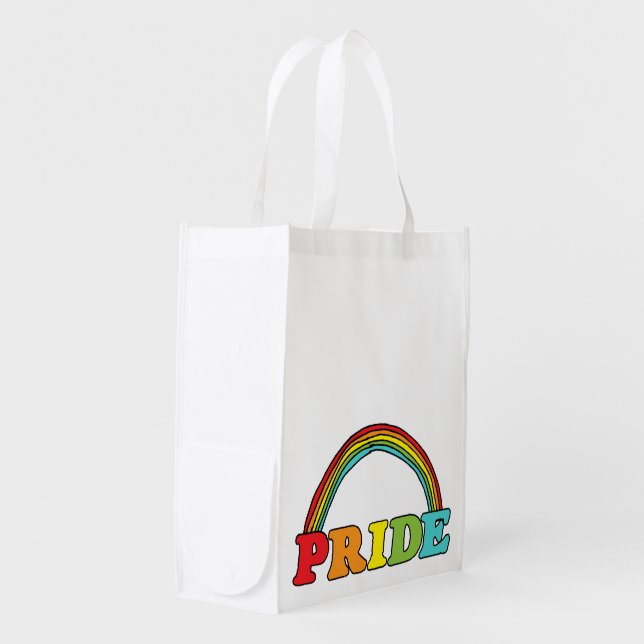 Pride Text and Rainbow Trucker Hat T-Shirt Grocery Bag (Front Side)