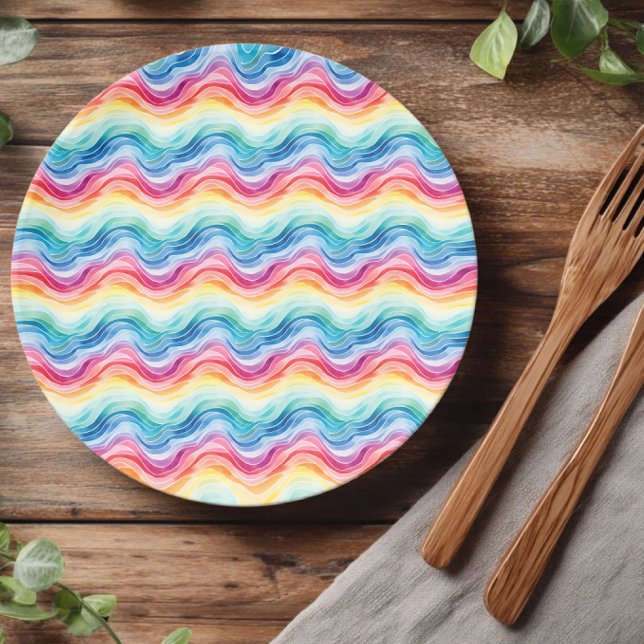 Pride Wavy Rainbow Stripes Pattern Summer Paper Plates (Creator Uploaded)