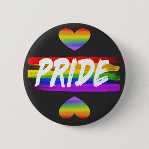 PRIDE white against rainbow flag and two hearts Button
