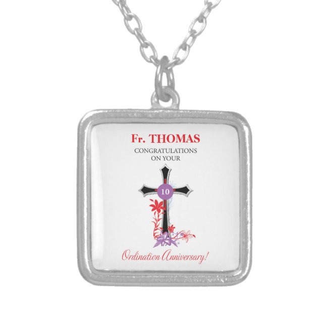 Priest 10th Ordination Anniversary Black Cross Silver Plated Necklace (Front)